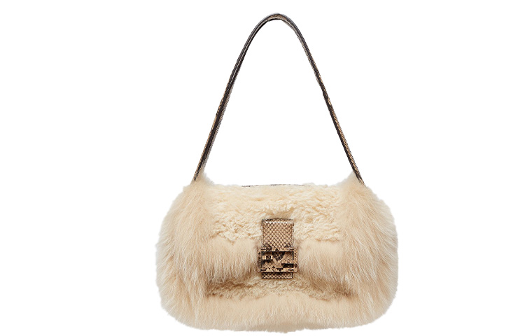 FENDI Fendi Baguette Multi baguette bag double-sided design python pattern FF clip buckle goddess must-have sheepskin and fox skin armpit bag hand-held shoulder bag women's beige