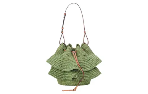 LOEWE BalloonAnagram Raffia Fiber With Cow Leather Pleated Crossbody Bag, Shoulder Bag Women's Green