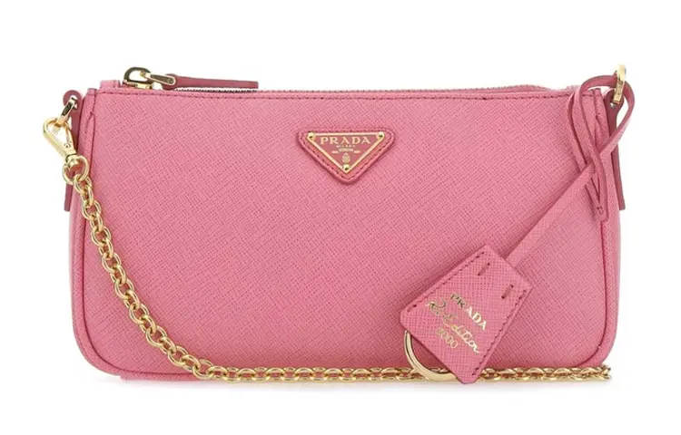 PRADA Leather With Nylon Shoulder Bag Unisex Pink