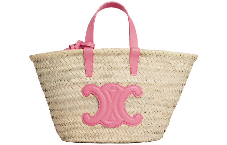 CELINE Teen Triomphe Raffia With Cow Leather Trim Straw Bag Handbag Women's Pink