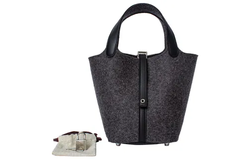 HERMES Picotin Lock Felt With Swift Leather Basket Bag, Bucket Bag, Handbag 18 Women's Gray & Black