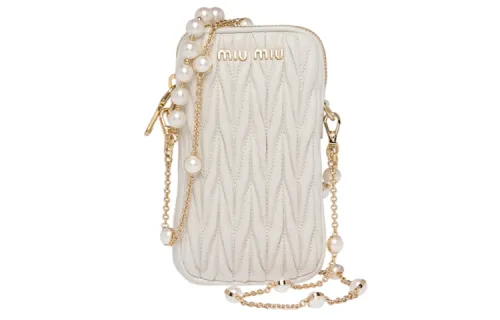 MIU MIU Matelassé Sheepskin Cell Phone Pouch, Shoulder Bag, Crossbody Bag Mini Women's White