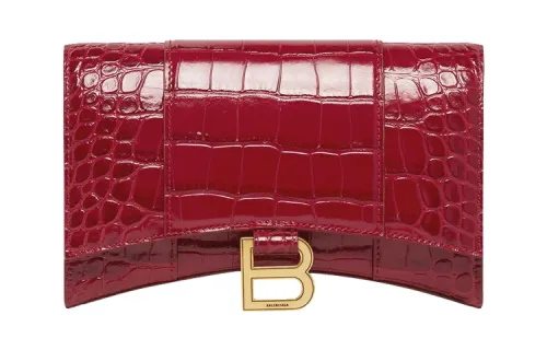 Balenciaga Hourglass Embossed Cow Leather Chain Strap Wallet Women's Dark Red