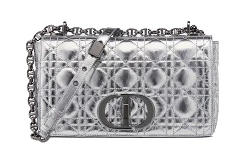 DIOR Caro Cow Leather Shoulder Bag, Crossbody Bag Medium Silver