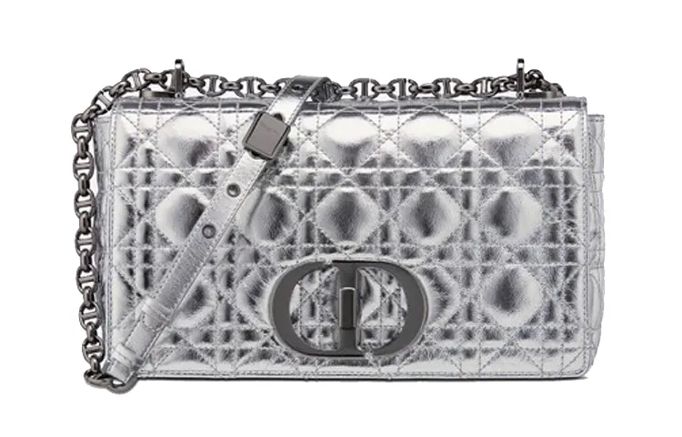 DIOR Caro Cow Leather Shoulder Bag, Crossbody Bag Medium Silver