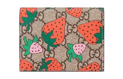 GUCCI Canvas With Leather Card Holder, Wallet Coin Purse Women's Beige/Ebony/Red Pink