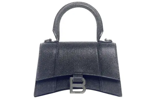 Balenciaga Hourglass Shimmery Material With Sheepskin Hourglass Bag, Crossbody Bag, Clutch Regular Women's Black