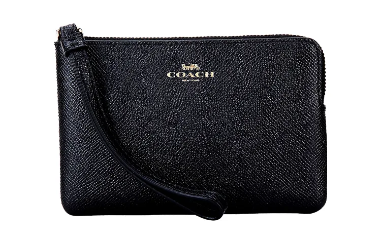 COACH Corner Zip Cow Leather Clutch Wrist Bag Mini Women's Black