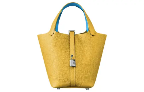 HERMES Picotin Lock Clemence With Swift Calfskin Basket Bag, Bucket Bag, Handbag 18 Women's Amber Yellow & Sky Blue