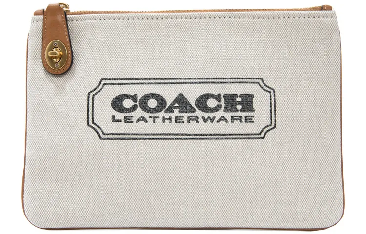 COACH Turnlock Canvas With Leather Clutches Medium Unisex Beige