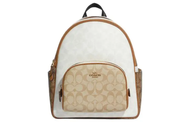 COACH Court Coated Canvas With Pebbled Leather Backpack Women's White Khaki Brown