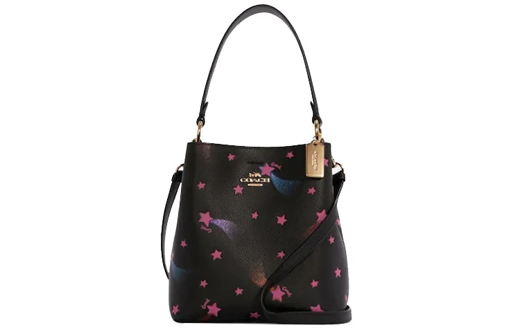 COACH Town Pebbled Leather Bucket Bag, Handbag, Shoulder Bag, Crossbody Bag Small Women's Black