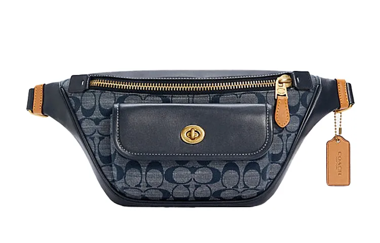 COACH Heritage Canvas With Leather Crossbody Bag, Sling Bag, Fanny Pack Large Unisex Denim Blue
