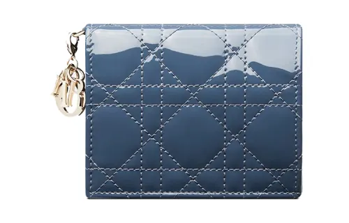 DIOR Lady Dior Wicker Pattern Patent Leather, Calfskin Wallet Women's Dark Denim Blue