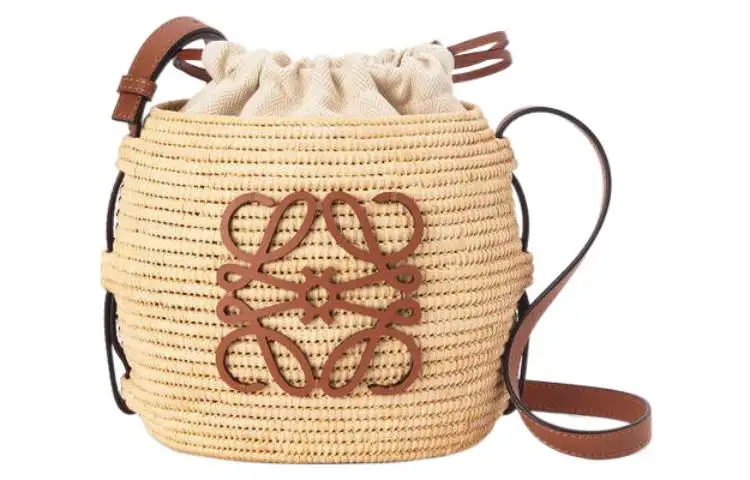 LOEWE Beehive Basket Fiber With Cow Leather Bucket Bag, Shoulder Bag, Crossbody Bag Women's Brown