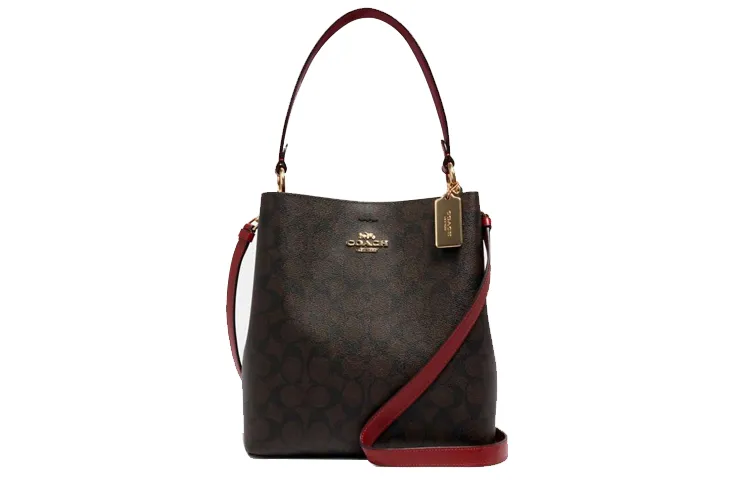 COACH Town Canvas With Leather Bucket Bags Crossbody Bag, Shoulder Bag Medium Women's Red & Dark Brown