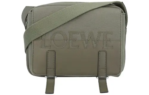 LOEWE Military Classic Calfskin With Canvas Messenger Bag, Shoulder Bag, Crossbody Bag Regular Men's Army Green