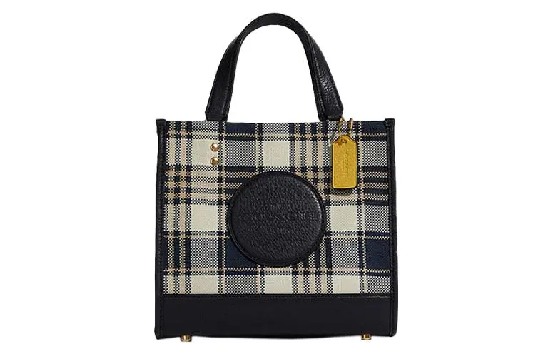 COACH Dempsey Fabric With Cow Leather Handbag, Shoulder Bag, Crossbody Bag Small Women's Dark Navy Blue Beige Plaid