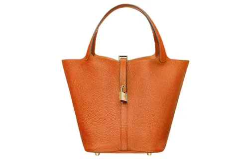 HERMES Picotin Lock Clemence Bullock Leather Basket Bag, Bucket Bag, Handbag 22 Women's 9J Feu Flame Orange