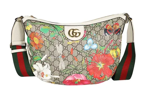 GUCCI Canvas With Leather Dumpling Bag, Crescent Bag, Shoulder Bag, Crossbody Bag Women's Ebony & Multicolor & White