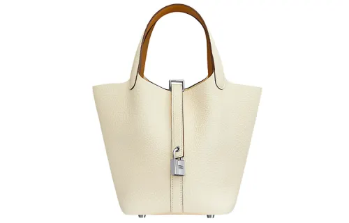 HERMES Picotin Lock Clemence With Swift Calfskin Basket Bag, Bucket Bag, Handbag 18 Women's Milk White & Orange