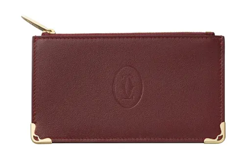CARTIER Zip Closure Cow Leather Card Holder Women's Burgundy