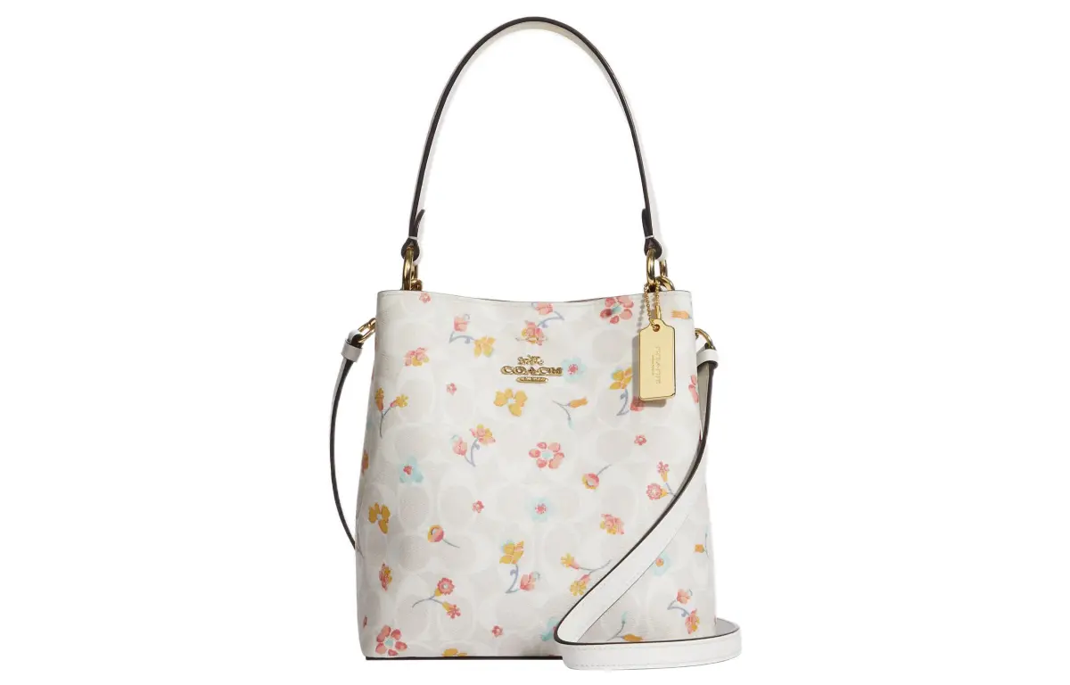 COACH Town Coated Canvas With Smooth Leather Bucket Bag, Portable Crossbody Bag, Shoulder Bag Small Women's Ecru