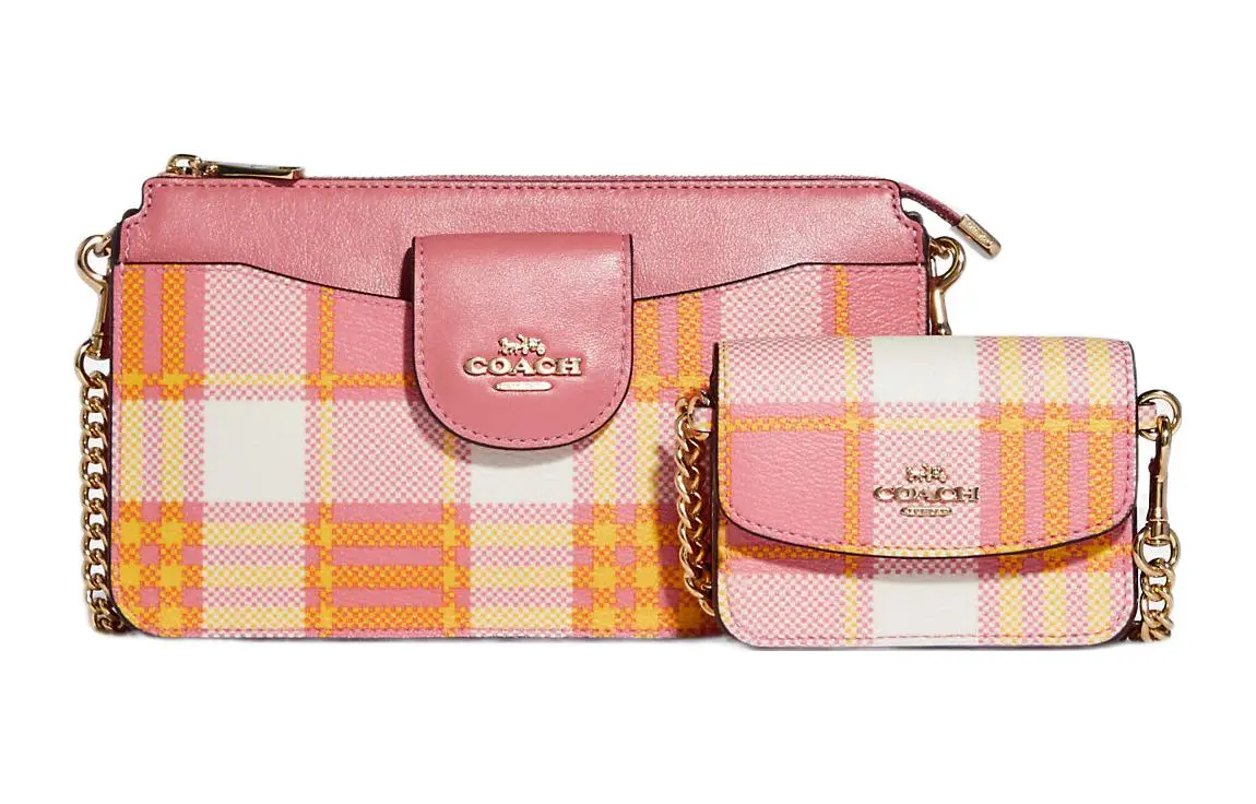 COACH POPPY Coated Canvas With Leather Combo Set Small Women's Toffee Pink & Gold Zippers