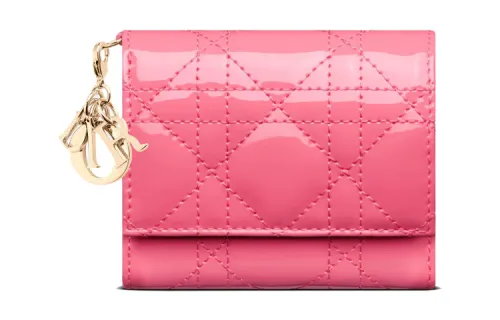 DIOR Lady Dior Wicker Pattern Patent Leather Calfskin Wallet, Card Holder Women's Peony Pink