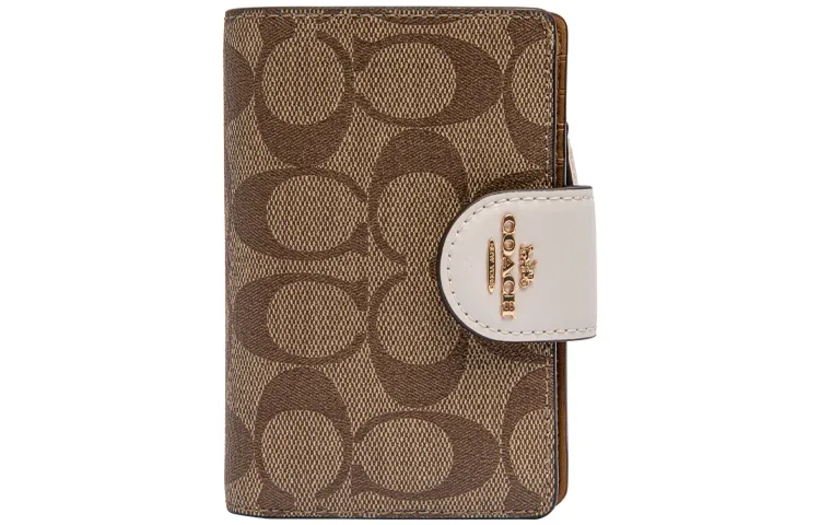 COACH Corner Zip Canvas With Leather Clutch Wallets Medium Women's White & Khaki Monogram