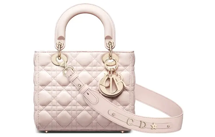 DIOR Lady Dior Sheepskin One Shoulder Handbag Small Women's Gray Pink