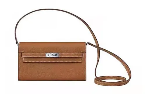 HERMES Kelly To Go Silver Tone Buckle Epsom Leather Crossbody Wallet Regular Women's 37 Gold Brown