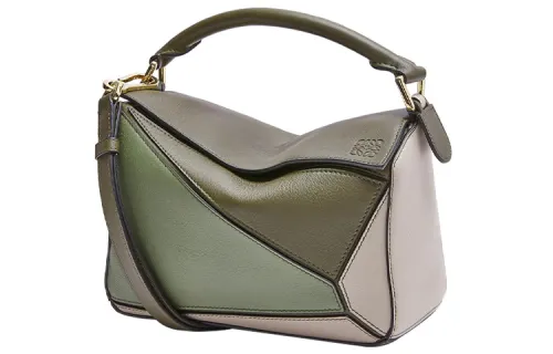 LOEWE Puzzle Calfskin Handbag, Crossbody Bag Small Women's Green/Light Oat