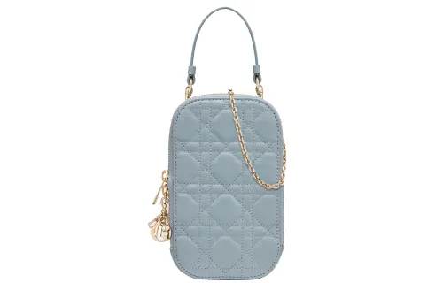 DIOR Lady Dior Wicker Pattern Sheepskin Cell Phone Pouch, Handbag, Shoulder Bag, Crossbody Bag Women's Sky Blue