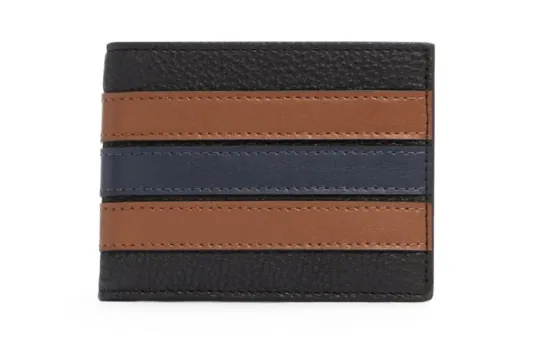 COACH Billfold Wallet Leather Card Holder, Wallet Regular Men's Black Brown Blue Stripes