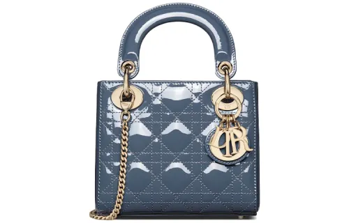 DIOR Lady Dior Patent Leather, Cow Leather Handbag, Shoulder Bag, Crossbody Bag, Handbag Mini Women's Dark Denim Blue