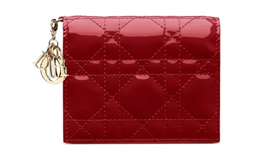 DIOR Lady Dior Wicker Pattern Patent Leather, Calfskin Wallet Women's Cherry Red