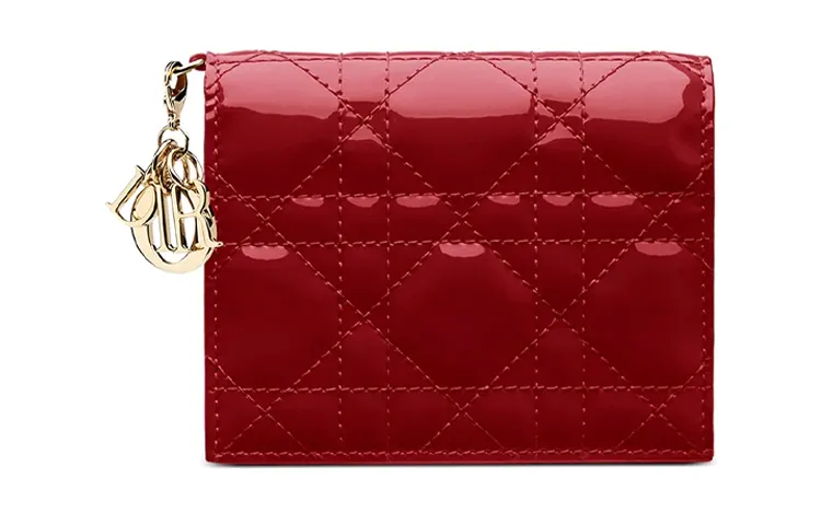 DIOR Lady Dior Wicker Pattern Patent Leather, Calfskin Wallet Women's Cherry Red