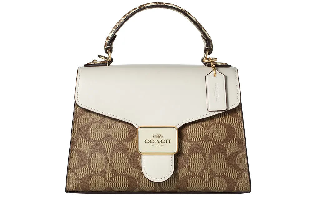 COACH Pepper Canvas With Leather Handbag, Shoulder Bag, Crossbody Bag Small Women's Khaki & White