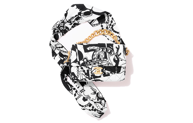 CHANEL 22c Early Spring Printed Fabric Flap Bag, Shoulder Bag Mini Women's Black White Print