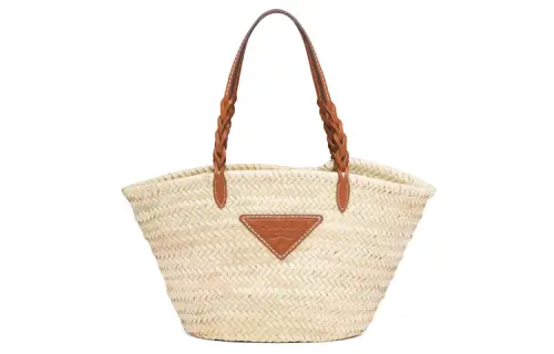PRADA Open Top Fiber With Leather Handbag, Shoulder Bag Women's Beige/White