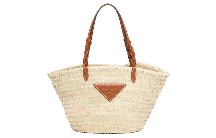 PRADA Open Top Fiber With Leather Handbag, Shoulder Bag Women's Beige/White