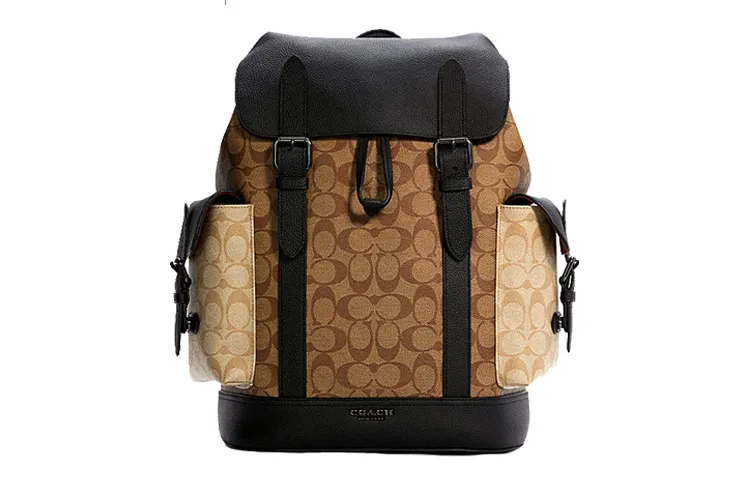 COACH Hudson Canvas With Leather Backpack Large Men's Khaki & Brown & Black
