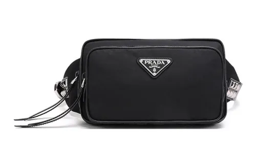 PRADA Zip Closure Fabric With Leather Fanny Pack Women's Black