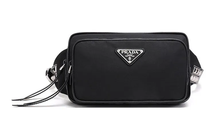 PRADA Zip Closure Fabric With Leather Fanny Pack Women's Black