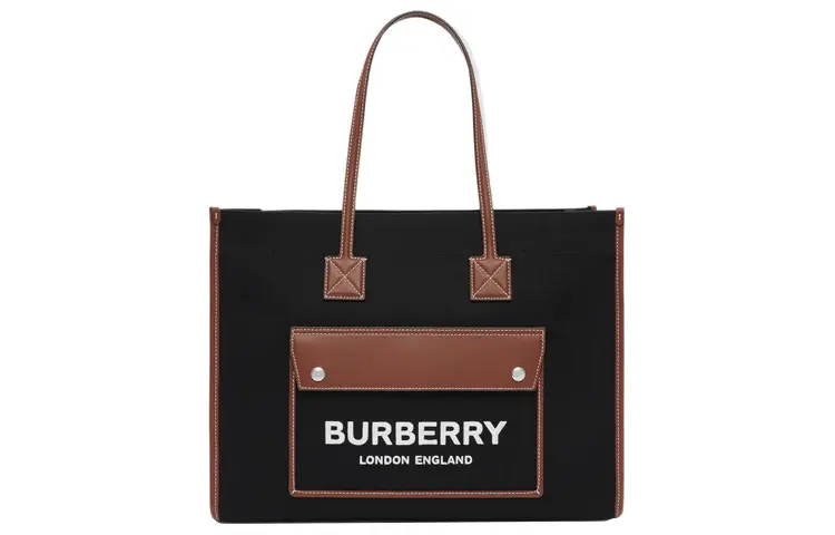 Burberry Freya Leather Cotton Tote Bag, Shopping Bag, Handbag, Shoulder Bag Women's Black