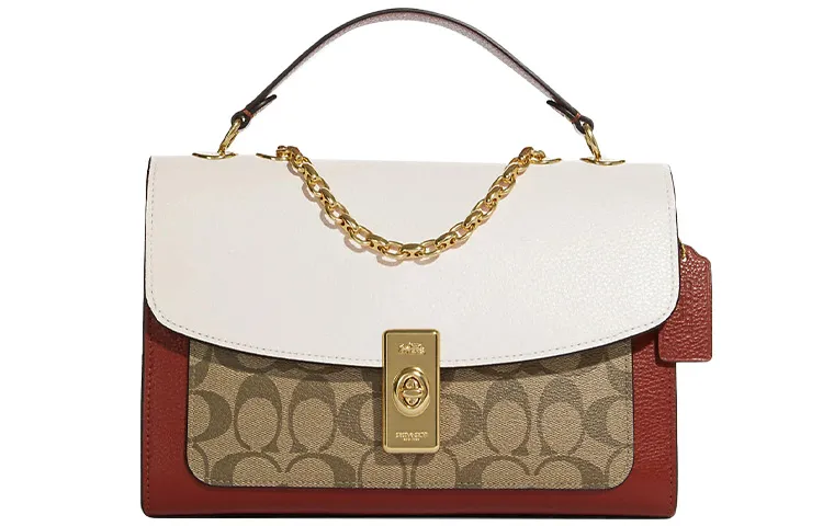 COACH Lane Cow Leather Handbag, One Shoulder Strap Crossbody Bags Medium Women's Light Khaki & White