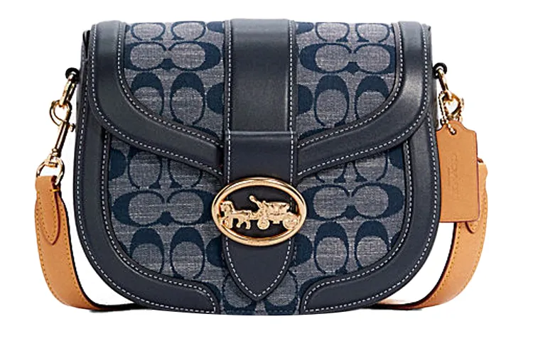 COACH Georgie Linen With Calfskin Saddle Bag, Crossbody Bag, Shoulder Bag Small Women's Denim Blue
