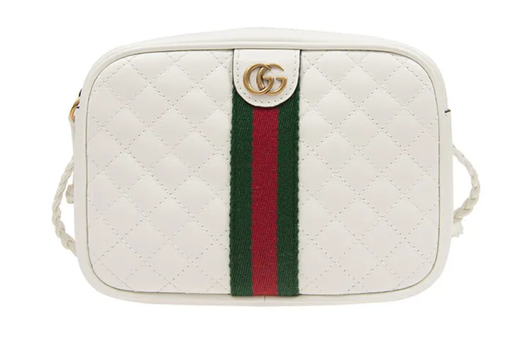 GUCCI Diamond Pattern Leather Camera Bag, Shoulder Bag, Crossbody Bag Mini Women's White
