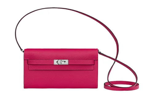 HERMES Kelly To Go Silver Tone Buckle Epsom Leather Crossbody Wallet Regular Women's I5 Flamingo Red